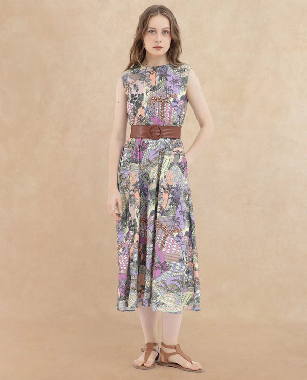Rareism Women Kaylee Multi Polyester Fabric Zip Closure Round Neck Sleeveless Fit And Flare Print Midi Dress