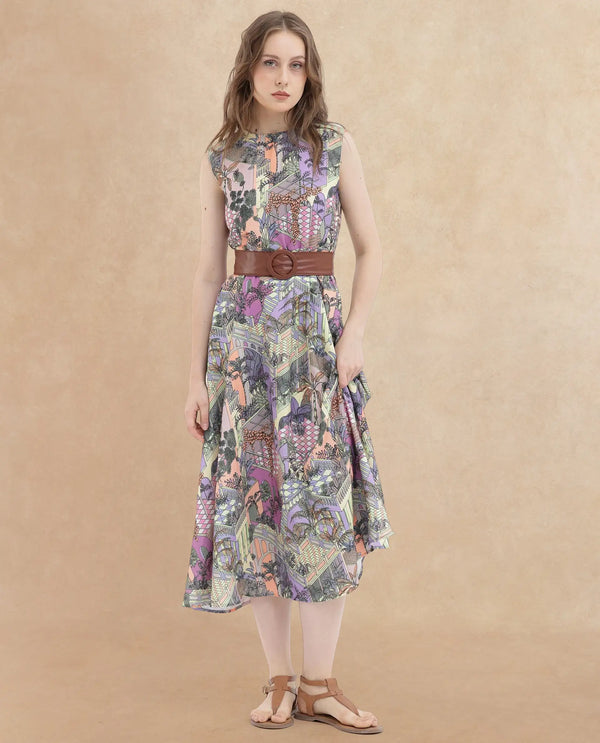 Rareism Women Kaylee Multi Polyester Fabric Zip Closure Round Neck Sleeveless Fit And Flare Print Midi Dress
