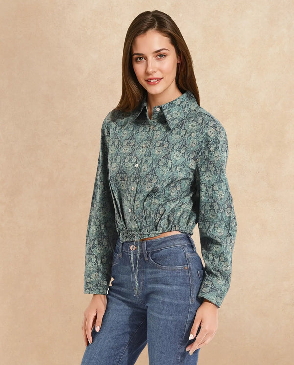 Rareism Women Kaylu Dark Multi Cuffed Sleeve Collared Neck Button Closure Cropped Abstract Print Top