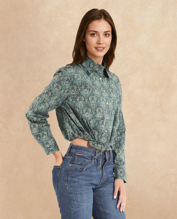 Rareism Women Kaylu Dark Multi Cuffed Sleeve Collared Neck Button Closure Cropped Abstract Print Top