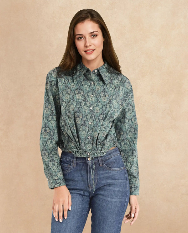 Rareism Women Kaylu Dark Multi Cuffed Sleeve Collared Neck Button Closure Cropped Abstract Print Top