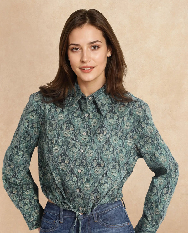 Rareism Women Kaylu Dark Multi Cuffed Sleeve Collared Neck Button Closure Cropped Abstract Print Top