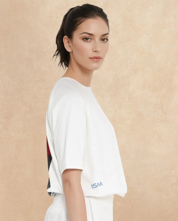 Rareism Women Kay Off White Cotton Lycra Fabric Short Sleeve Crew Neck Graphic Print T-Shirt