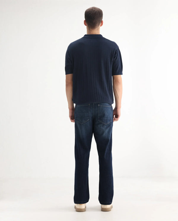 Rare Rabbit Men Kazi Dark Blue Cotton Spandex Fabric Regular Fit Plain Denim Pant