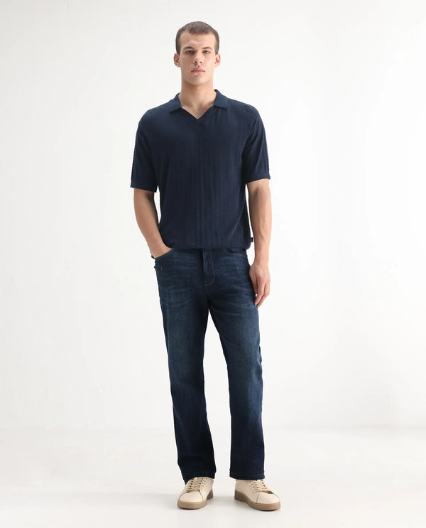 Rare Rabbit Men Kazi Dark Blue Cotton Spandex Fabric Regular Fit Plain Denim Pant