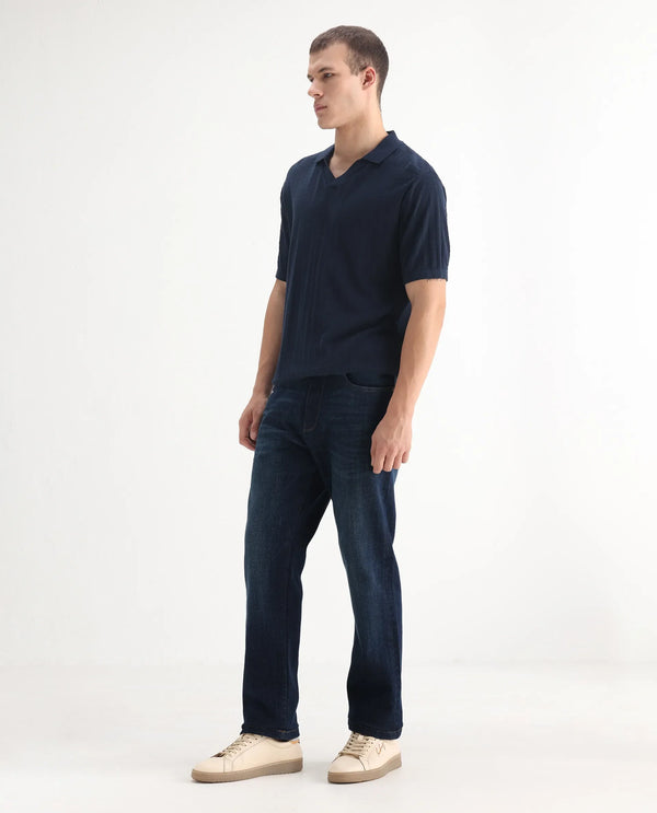 Rare Rabbit Men Kazi Dark Blue Cotton Spandex Fabric Regular Fit Plain Denim Pant