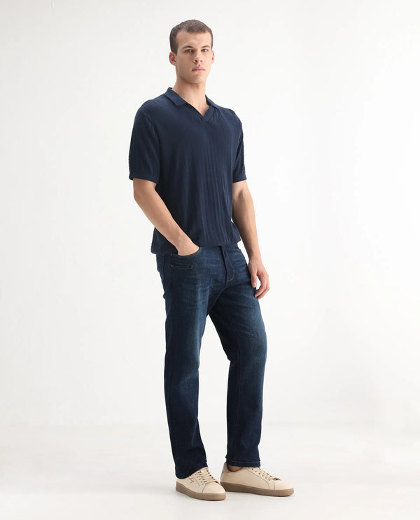 Rare Rabbit Men Kazi Dark Blue Cotton Spandex Fabric Regular Fit Plain Denim Pant