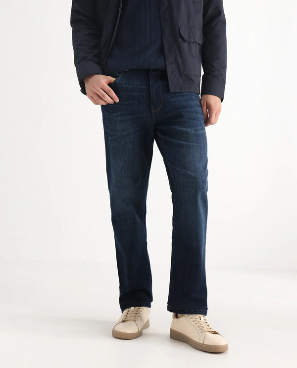 Rare Rabbit Men Kazi Dark Blue Cotton Spandex Fabric Regular Fit Plain Denim Pant