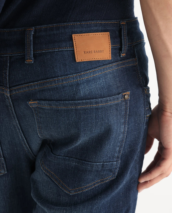 Rare Rabbit Men Kazi Dark Blue Cotton Spandex Fabric Regular Fit Plain Denim Pant