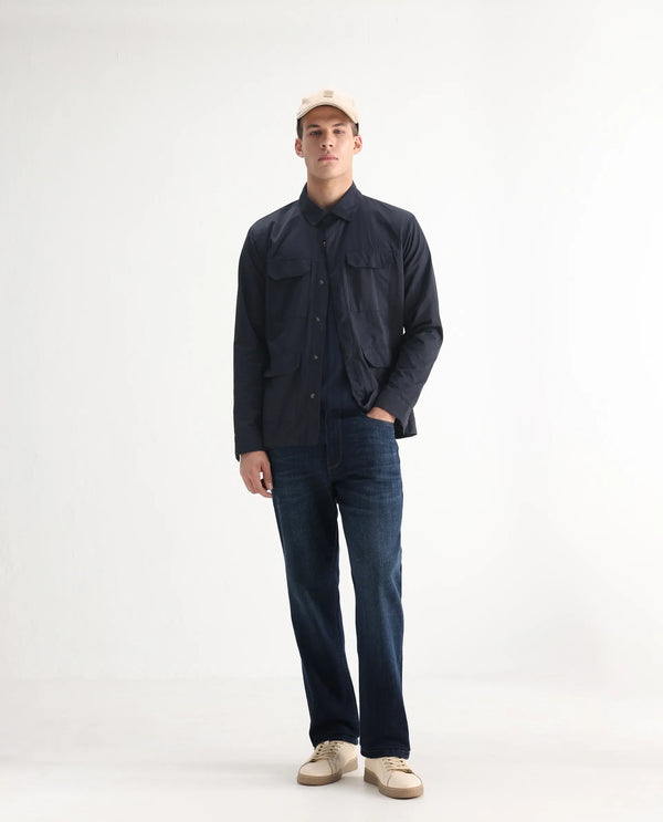 Rare Rabbit Men Kazi Dark Blue Cotton Spandex Fabric Regular Fit Plain Denim Pant