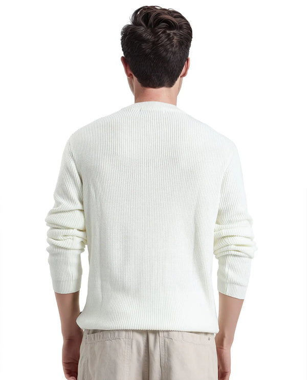 Rare Rabbit Men's Kazu Off White Cotton Fabric Full Sleeve Crew Neck Regular Fit Applique Logo Sweater