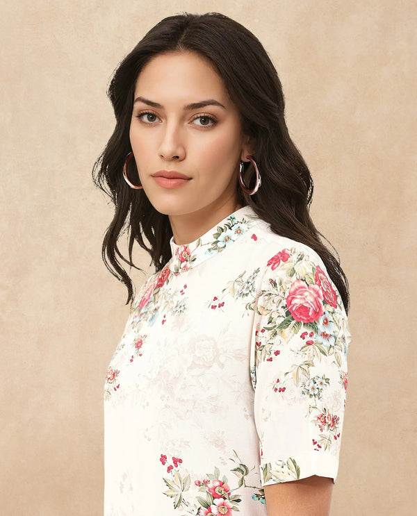 Rareism Women Kellogs Light Multi Button Closure Short Sleeve High Neck Floral Print Knee Length Dress