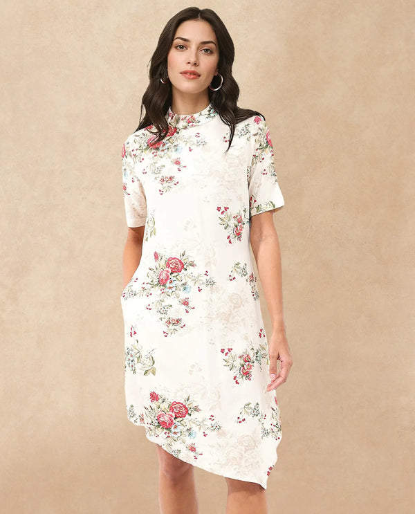 Rareism Women Kellogs Light Multi Button Closure Short Sleeve High Neck Floral Print Knee Length Dress