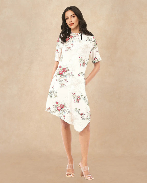 Rareism Women Kellogs Light Multi Button Closure Short Sleeve High Neck Floral Print Knee Length Dress