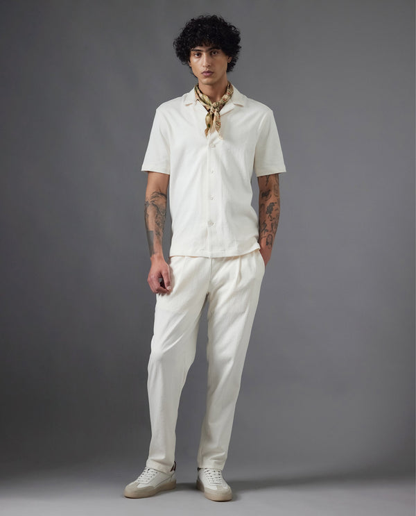 Rare Rabbit Men Kelo Off White Cotton Elastane Fabric Pintuck Detail Regular Fit Plain Trouser