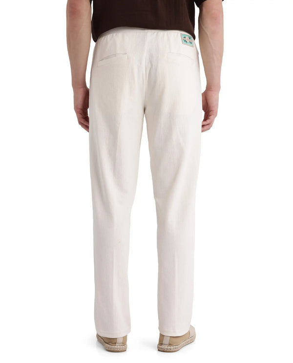 Rare Rabbit Men Kelo Off White Cotton Elastane Fabric Pintuck Detail Regular Fit Plain Trouser