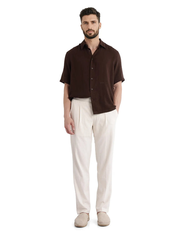 Rare Rabbit Men Kelo Off White Cotton Elastane Fabric Pintuck Detail Regular Fit Plain Trouser
