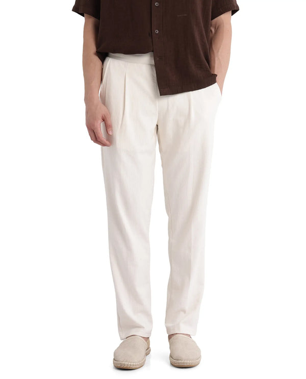Rare Rabbit Men Kelo Off White Cotton Elastane Fabric Pintuck Detail Regular Fit Plain Trouser