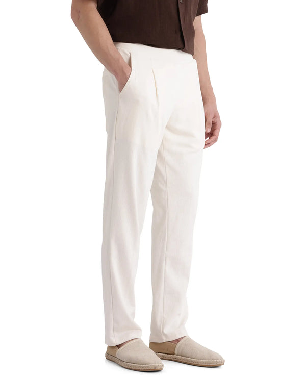 Rare Rabbit Men Kelo Off White Cotton Elastane Fabric Pintuck Detail Regular Fit Plain Trouser