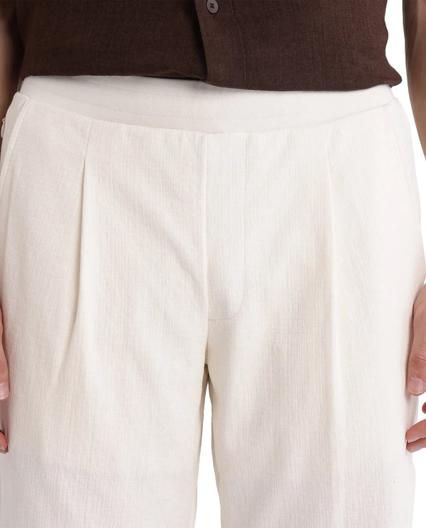 Rare Rabbit Men Kelo Off White Cotton Elastane Fabric Pintuck Detail Regular Fit Plain Trouser
