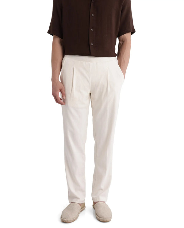 Rare Rabbit Men Kelo Off White Cotton Elastane Fabric Pintuck Detail Regular Fit Plain Trouser