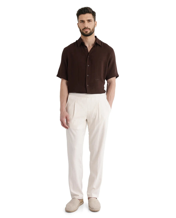 Rare Rabbit Men Kelo Off White Cotton Elastane Fabric Pintuck Detail Regular Fit Plain Trouser
