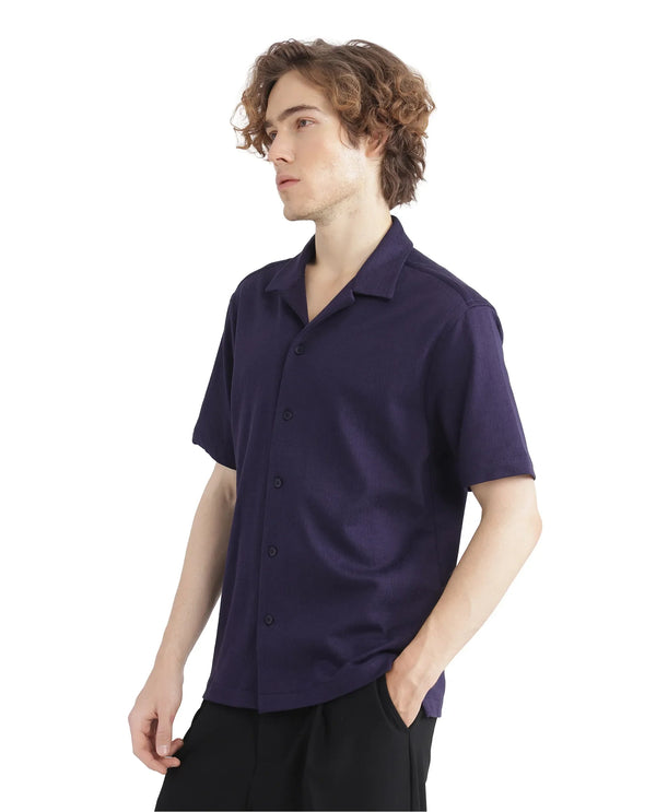 Rare Rabbit Men Kelos-Ss Dark Purple Short Sleeve Collared Neck Plain Shirt