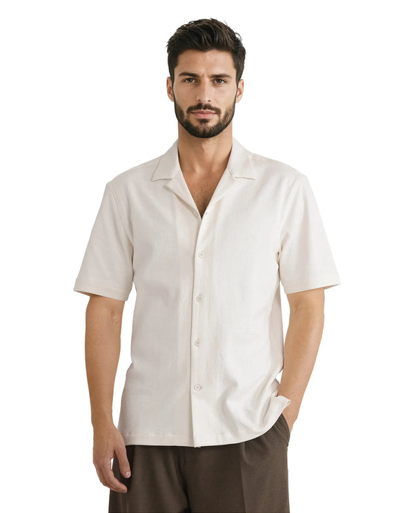 Rare Rabbit Men Kelos-Ss Off-White Short Sleeve Cuban Collared Plain Shirt