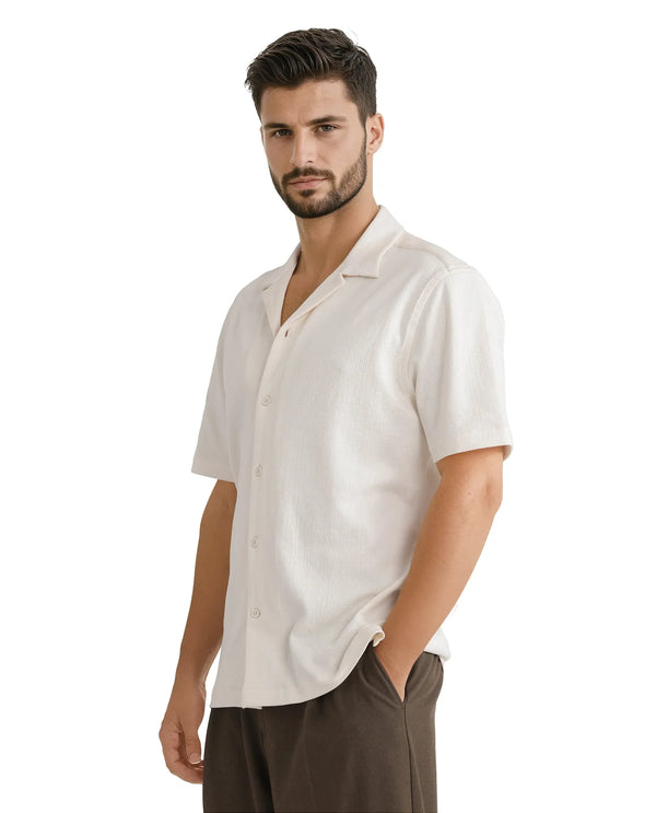 Rare Rabbit Men Kelos-Ss Off-White Short Sleeve Cuban Collared Plain Shirt