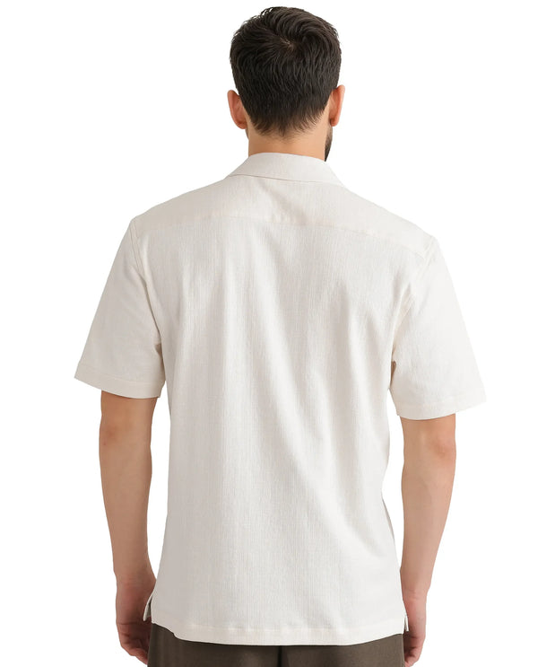 Rare Rabbit Men Kelos-Ss Off-White Short Sleeve Cuban Collared Plain Shirt