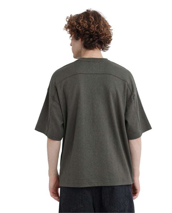 Rare Rabbit Men Kelos Olive Cotton Poly Fabric Short Sleeve Crew Neck Oversized Fit Cut and Sew T-Shirt