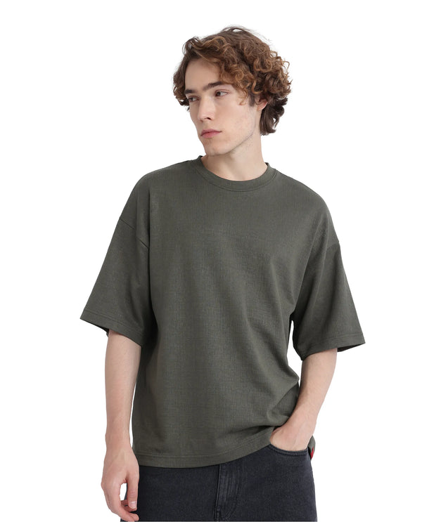 Rare Rabbit Men Kelos Olive Cotton Poly Fabric Short Sleeve Crew Neck Oversized Fit Cut and Sew T-Shirt