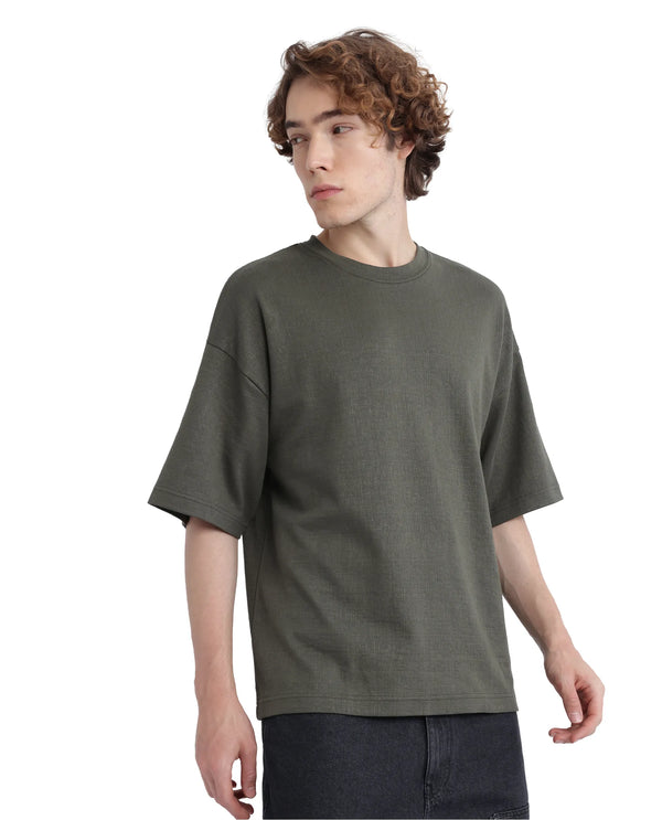 Rare Rabbit Men Kelos Olive Cotton Poly Fabric Short Sleeve Crew Neck Oversized Fit Cut and Sew T-Shirt
