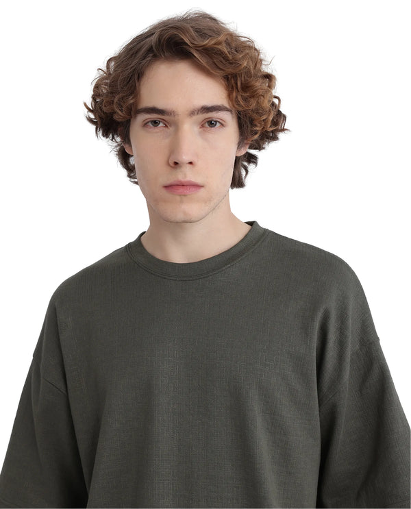 Rare Rabbit Men Kelos Olive Cotton Poly Fabric Short Sleeve Crew Neck Oversized Fit Cut and Sew T-Shirt