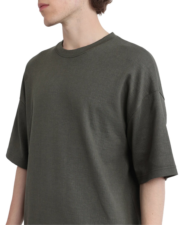Rare Rabbit Men Kelos Olive Cotton Poly Fabric Short Sleeve Crew Neck Oversized Fit Cut and Sew T-Shirt