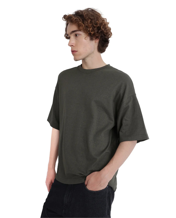 Rare Rabbit Men Kelos Olive Cotton Poly Fabric Short Sleeve Crew Neck Oversized Fit Cut and Sew T-Shirt