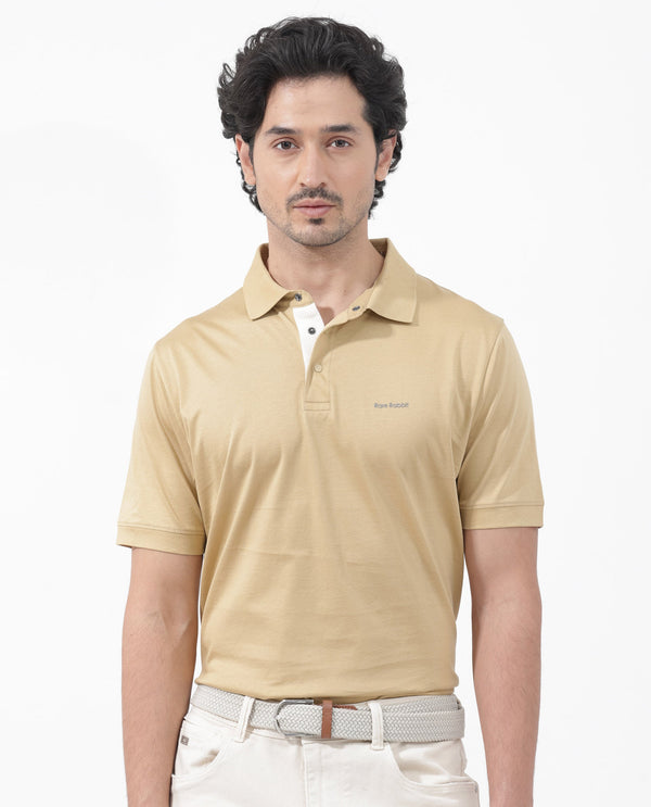 Rare Rabbit Mens Keneth Pastel Brown Short Sleeve Contrast Inner Placket Solid Polo-Tshirt