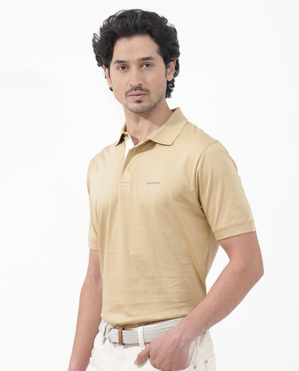 Rare Rabbit Mens Keneth Pastel Brown Short Sleeve Contrast Inner Placket Solid Polo-Tshirt