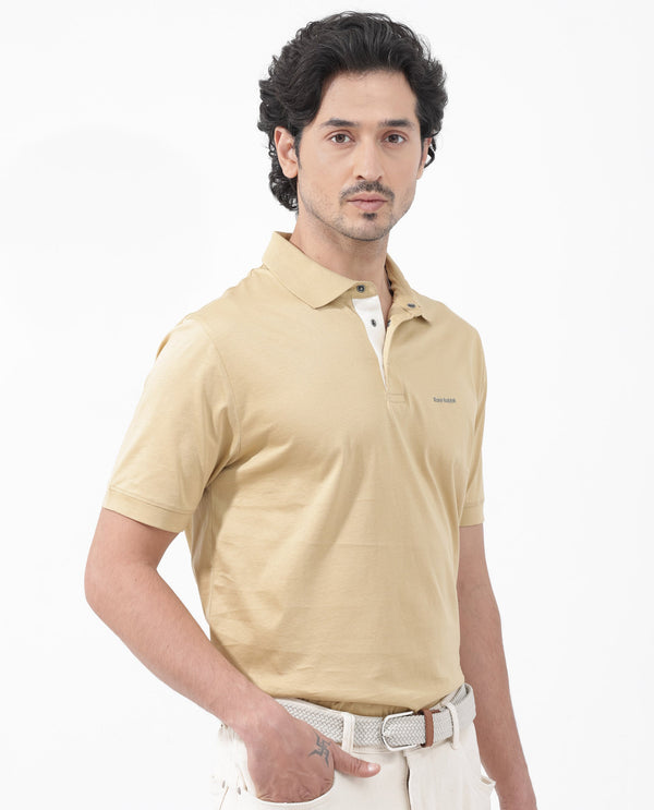 Rare Rabbit Mens Keneth Pastel Brown Short Sleeve Contrast Inner Placket Solid Polo-Tshirt