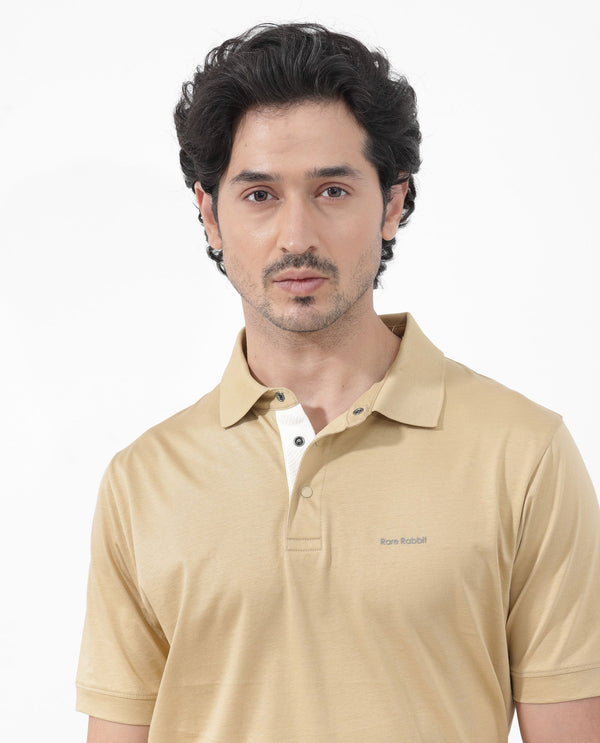 Rare Rabbit Mens Keneth Pastel Brown Short Sleeve Contrast Inner Placket Solid Polo-Tshirt