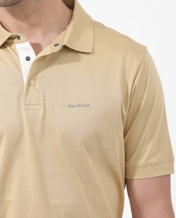Rare Rabbit Mens Keneth Pastel Brown Short Sleeve Contrast Inner Placket Solid Polo-Tshirt