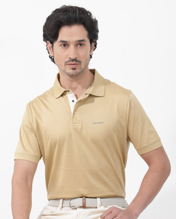 Rare Rabbit Mens Keneth Pastel Brown Short Sleeve Contrast Inner Placket Solid Polo-Tshirt