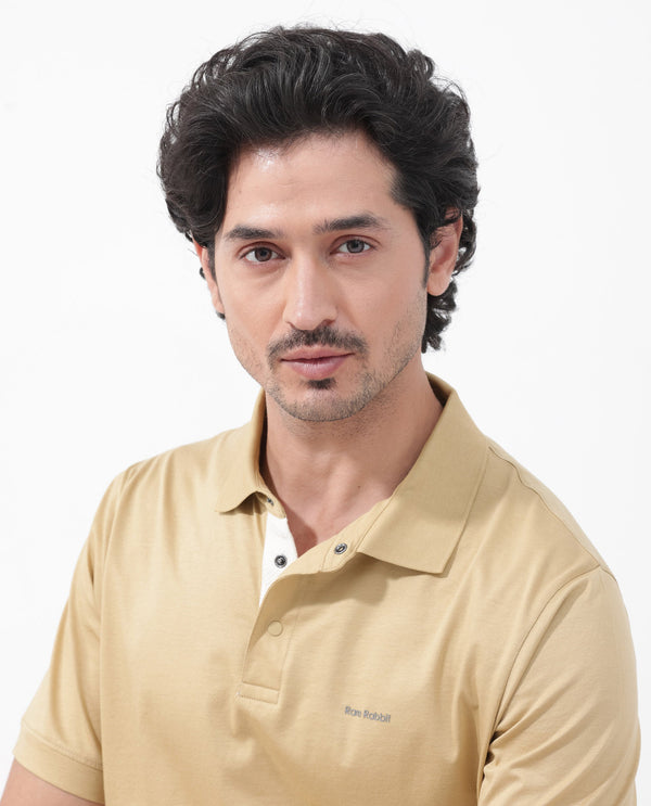 Rare Rabbit Mens Keneth Pastel Brown Short Sleeve Contrast Inner Placket Solid Polo-Tshirt
