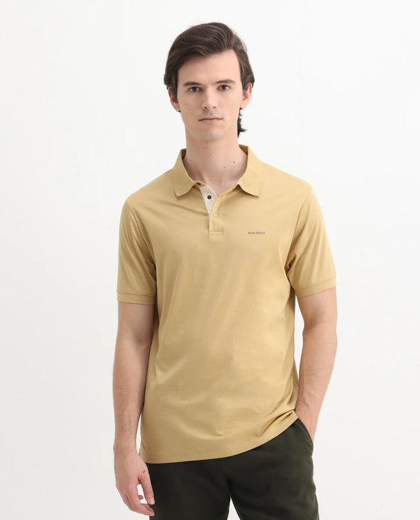 Rare Rabbit Mens Keneth Pastel Brown Short Sleeve Contrast Inner Placket Solid Polo-Tshirt