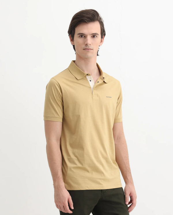 Rare Rabbit Mens Keneth Pastel Brown Short Sleeve Contrast Inner Placket Solid Polo-Tshirt
