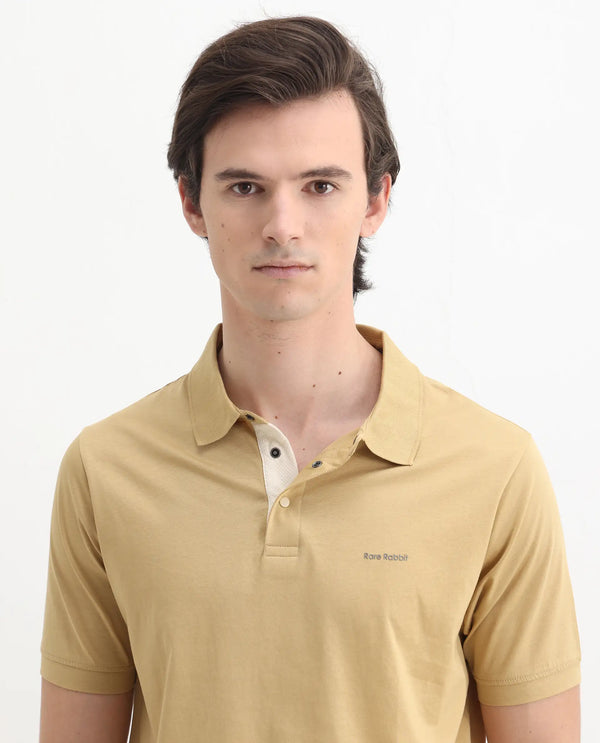 Rare Rabbit Mens Keneth Pastel Brown Short Sleeve Contrast Inner Placket Solid Polo-Tshirt