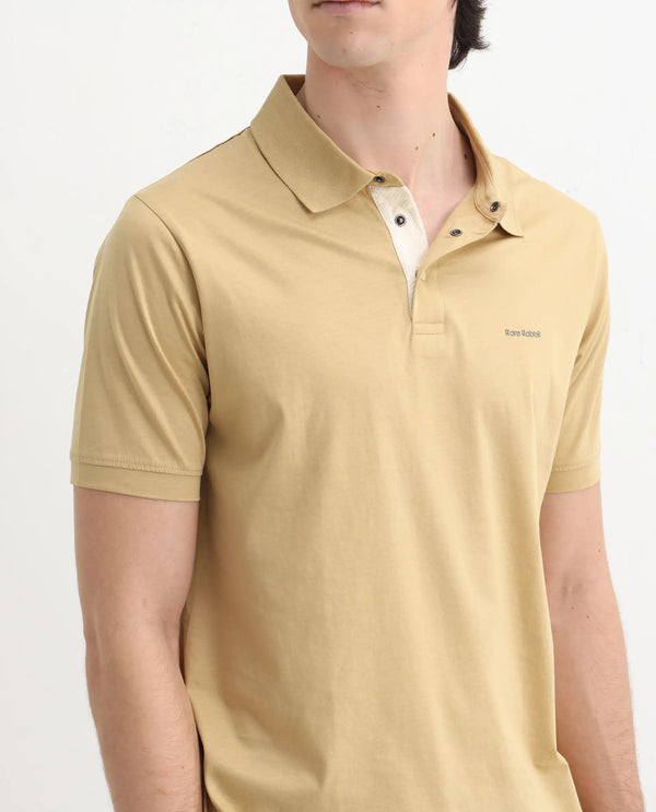 Rare Rabbit Mens Keneth Pastel Brown Short Sleeve Contrast Inner Placket Solid Polo-Tshirt