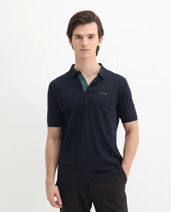 Rare Rabbit Mens Keneth Navy Short Sleeve Contrast Inner Placket Solid Polo-Tshirt