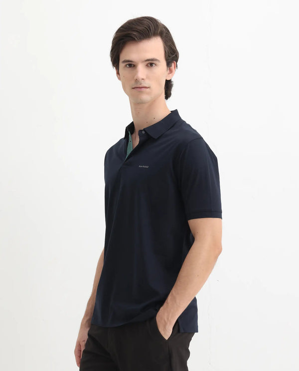 Rare Rabbit Mens Keneth Navy Short Sleeve Contrast Inner Placket Solid Polo-Tshirt