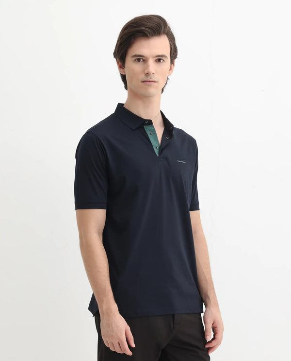 Rare Rabbit Mens Keneth Navy Short Sleeve Contrast Inner Placket Solid Polo-Tshirt